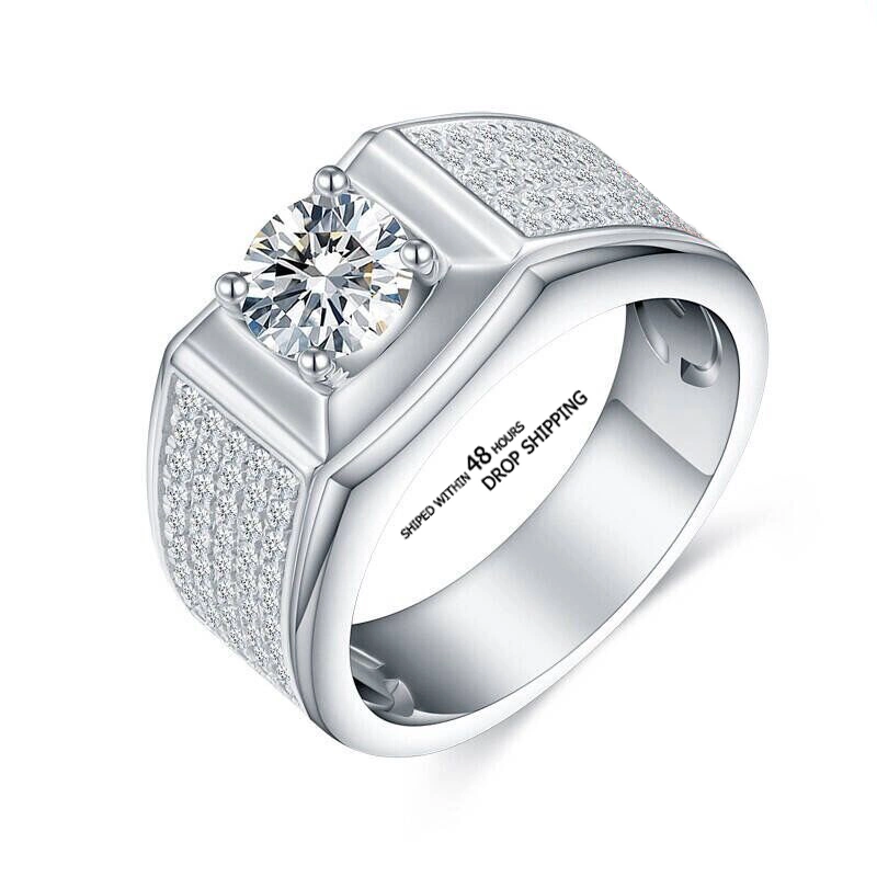 Wholesale Price Rhodium Plated 925 Sterling Silver 1CT Round Moissanite Men Rings in Stock