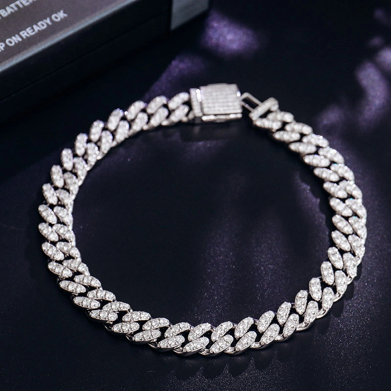 Moissanite 6mm 8mm 10mm 7-9 Inches Silver Moissanite Cuban Link Bracelet Rhodium Plated Hiphop Style for Man