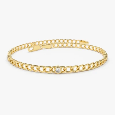 Bezel Setting Solitaire Diamonds 14K Yellow Gold 0.9ctw 4mm Moissanite Cuban Link Chain